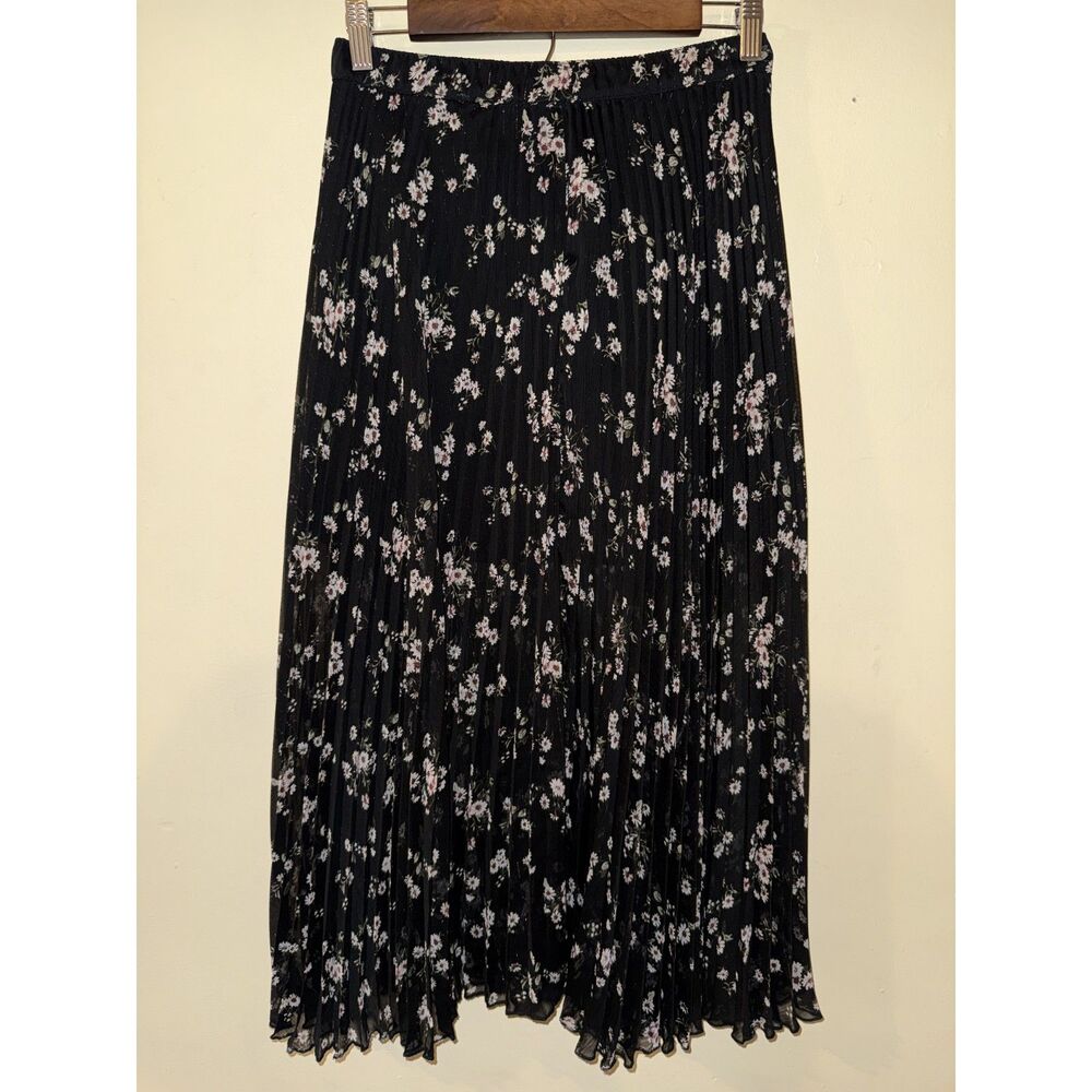 Abercrombie & Fitch Floral Pleated Metallic Chiffon Midi Skirt XS Black